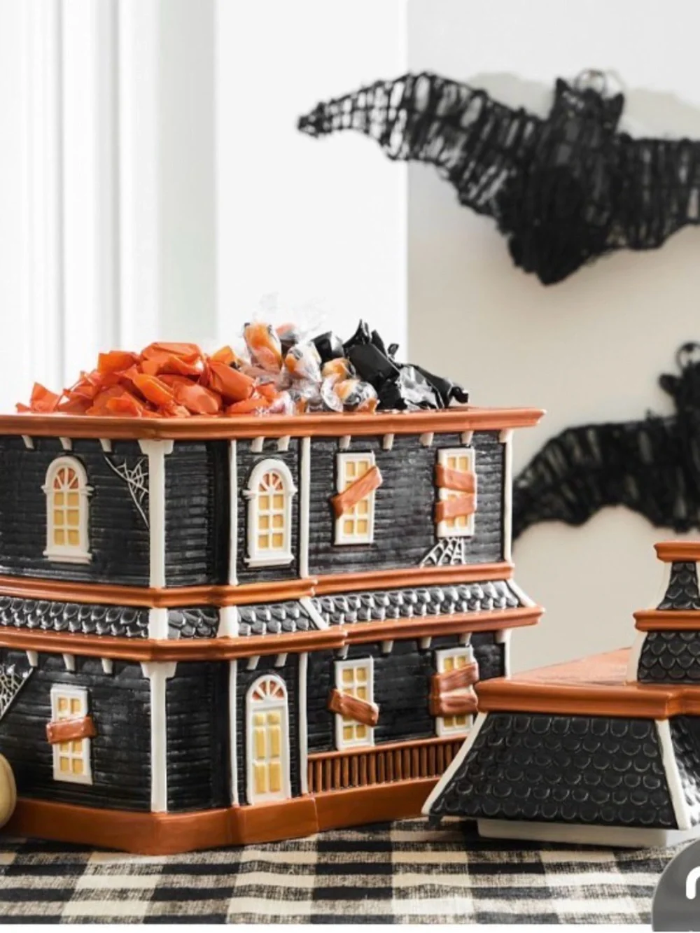 Pottery Barn Haunted House Lidded Stoneware Candy Bowl in Black and Orange